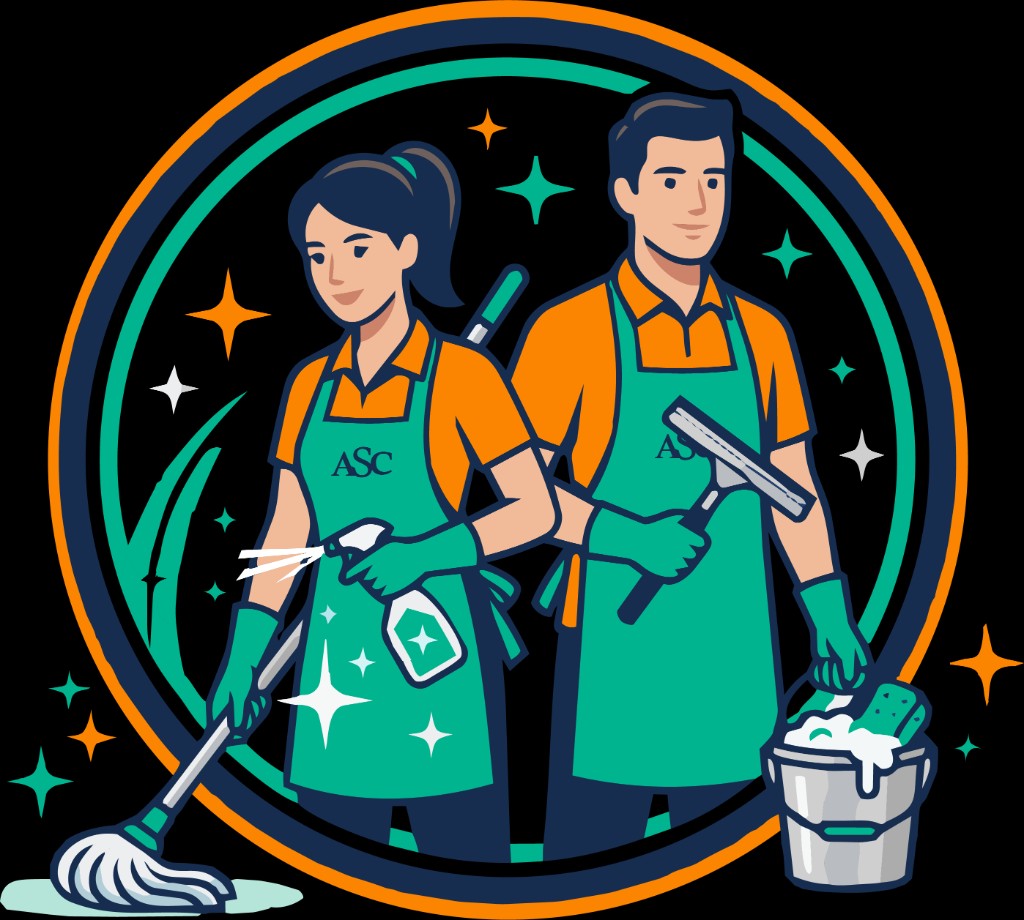 Anna Shine Cleaners logo: ASC emblem with two professional cleaners and cleaning tools